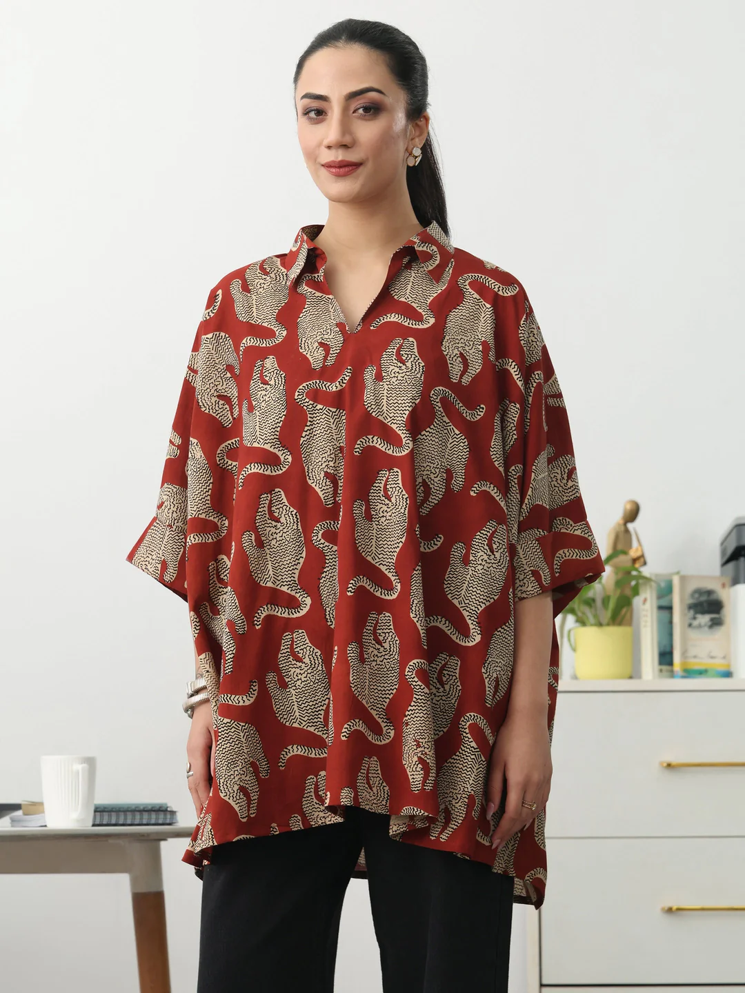 Rust Tribal Printed Cotton Blend Straight Short Kurti